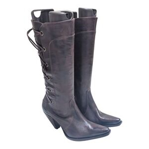 Charlie 1 Horse Brown Leather Knee High Boots Lace Up Detail Western 7B Lucchese